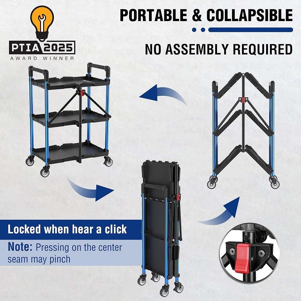 WORKPRO 3-Tier Collapsible Service Cart, Black/Blue, 210 LBS Foldable Utility Cart with Wheels, Portable Rolling Tool Cart for Garage, Warehouse, Home, Restaurant and Office (No Assembly Required) - Image 3