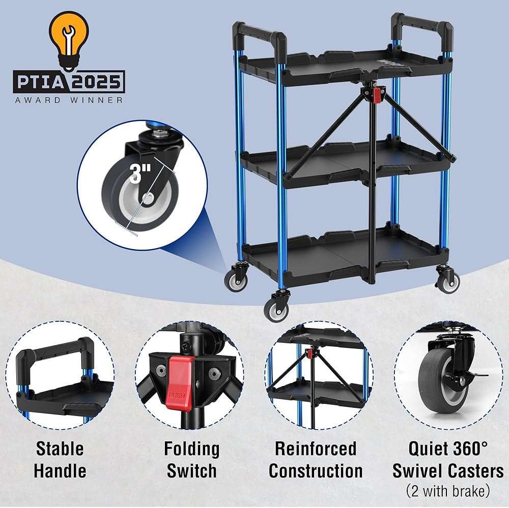 WORKPRO 3-Tier Collapsible Service Cart, Black/Blue, 210 LBS Foldable Utility Cart with Wheels, Portable Rolling Tool Cart for Garage, Warehouse, Home, Restaurant and Office (No Assembly Required) - Image 5