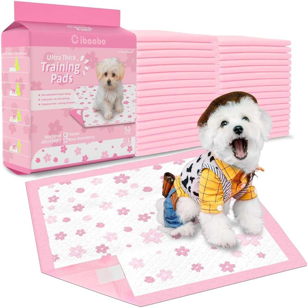 Pink Puppy Pads, 50 Count Cute Dog Pee Pad with Adhesive Tabs for Potty Training, Pink Cherry Blossom Design, Leak-Proof Quiky-Dry Pads for Puppies, Dogs, Cats, Rabbits(23x23in Super Absorbent) - Image 1