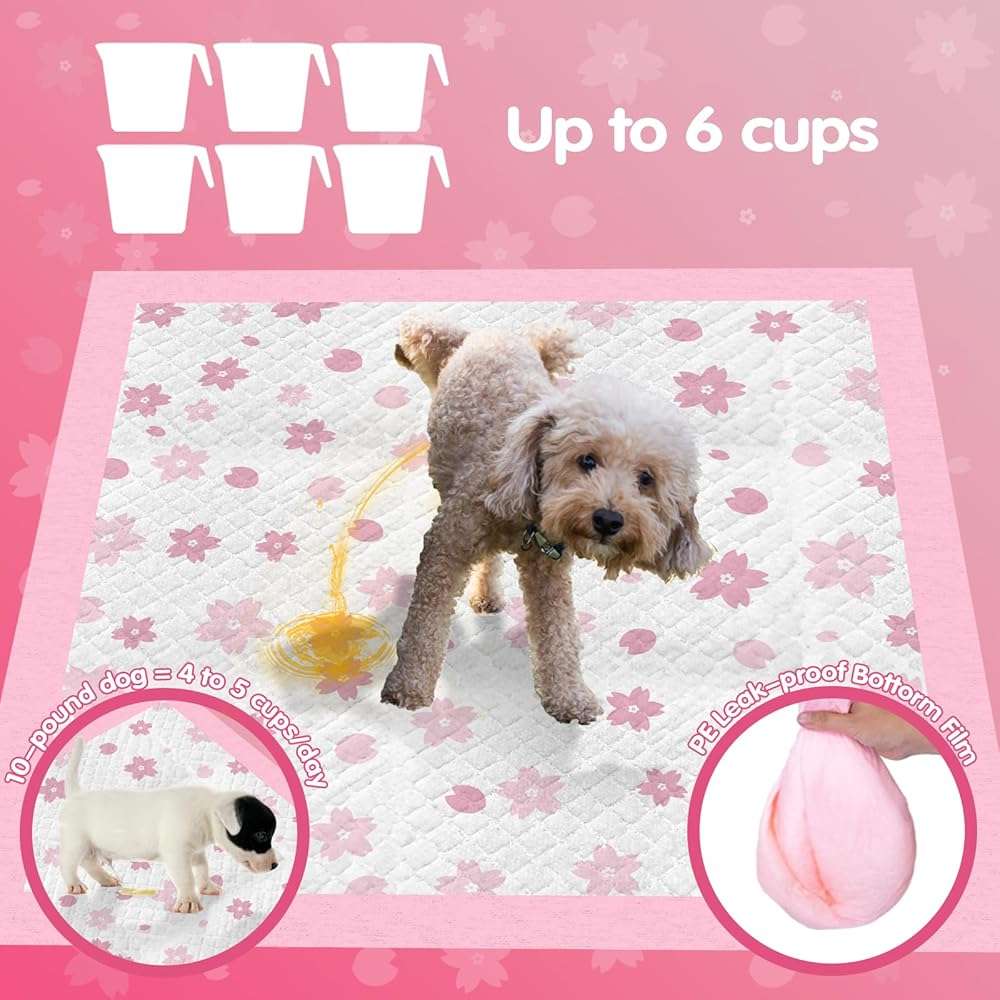 Pink Puppy Pads, 50 Count Cute Dog Pee Pad with Adhesive Tabs for Potty Training, Pink Cherry Blossom Design, Leak-Proof Quiky-Dry Pads for Puppies, Dogs, Cats, Rabbits(23x23in Super Absorbent) - Image 3