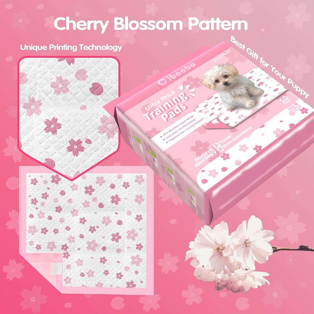 Pink Puppy Pads, 50 Count Cute Dog Pee Pad with Adhesive Tabs for Potty Training, Pink Cherry Blossom Design, Leak-Proof Quiky-Dry Pads for Puppies, Dogs, Cats, Rabbits(23x23in Super Absorbent) - Image 5