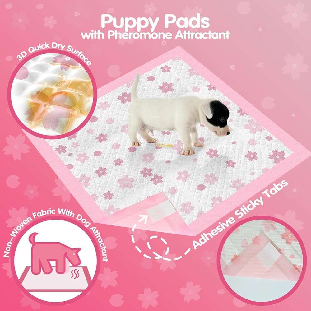 Pink Puppy Pads, 50 Count Cute Dog Pee Pad with Adhesive Tabs for Potty Training, Pink Cherry Blossom Design, Leak-Proof Quiky-Dry Pads for Puppies, Dogs, Cats, Rabbits(23x23in Super Absorbent) - Image 6