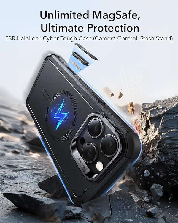 ESR for iPhone 16 Pro Max Phone Case with Stand, 23ft Military-Grade Drop Protection with Camera Control, Shock-Absorbing Rugged Cover, Compatible with MagSafe Accessories, Cyber Series, Black - Image 3