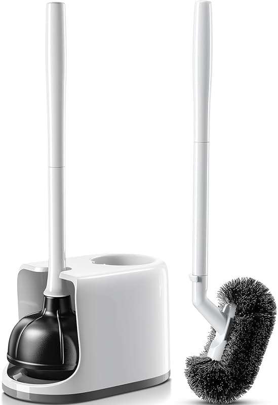 HAMITOR Toilet Plunger Bowl Brush Combo：Heavy Duty Rubber for Drain Clog Remover - Curved Design Bristles for Deep Cleaning Under Rim - Compact Bathroom Cleaning Tools for New Homet Essentials - White - Image 1