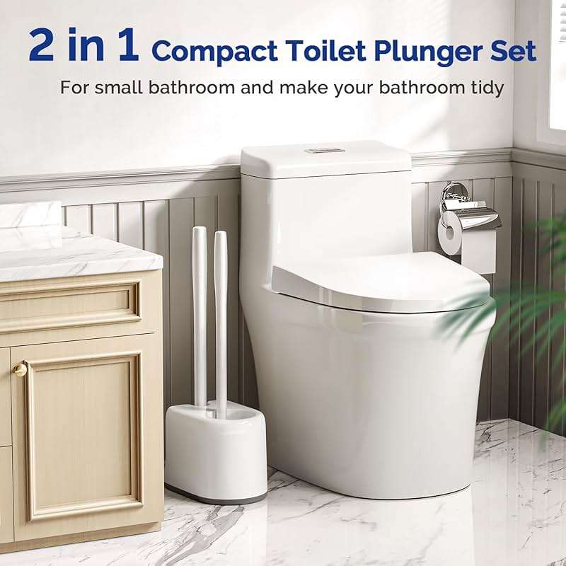HAMITOR Toilet Plunger Bowl Brush Combo：Heavy Duty Rubber for Drain Clog Remover - Curved Design Bristles for Deep Cleaning Under Rim - Compact Bathroom Cleaning Tools for New Homet Essentials - White - Image 7