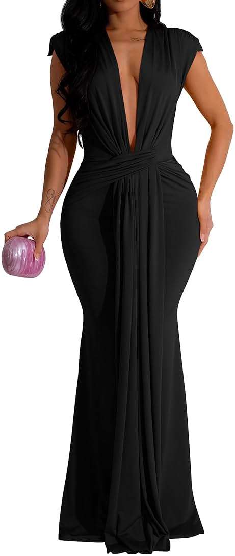 Memoriesea Women's Elegant Sleeveless Deep V Neck Bodycon Party Evening Gown Maxi Dress - Image 1