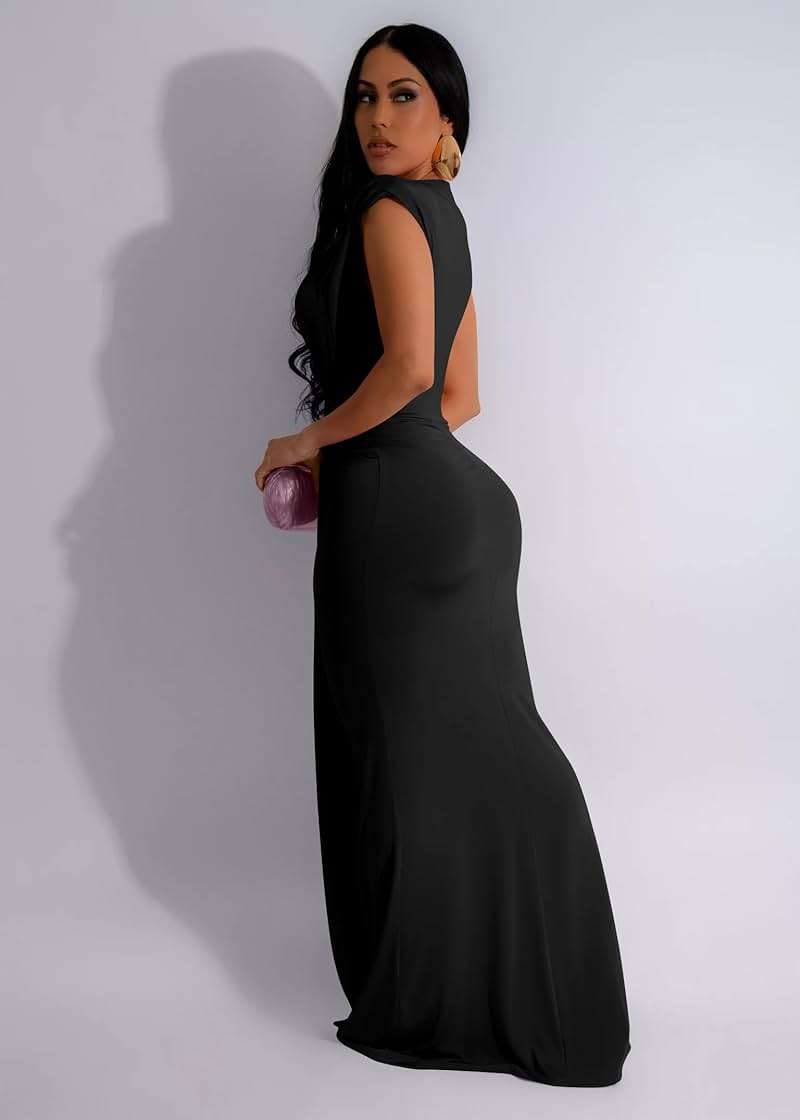 Memoriesea Women's Elegant Sleeveless Deep V Neck Bodycon Party Evening Gown Maxi Dress - Image 3