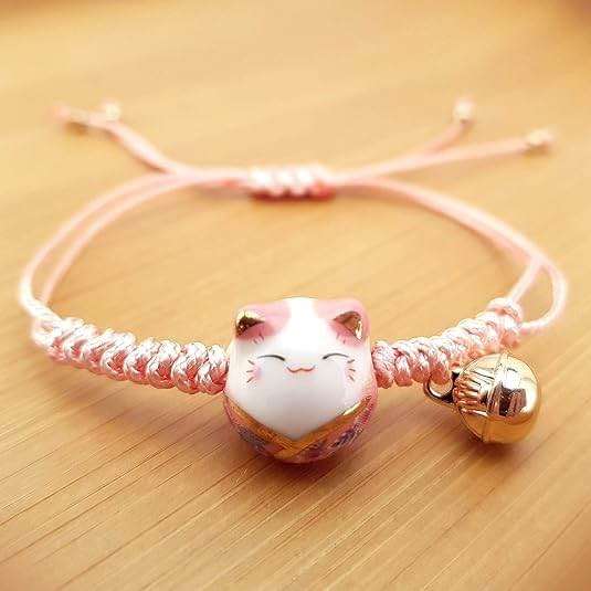 PurYupearl Pink Lucky Cat Maneki Neko Bacelet Adjustable Ceramic Bead Girls Clothing, Shoes and Jewelry - Image 2