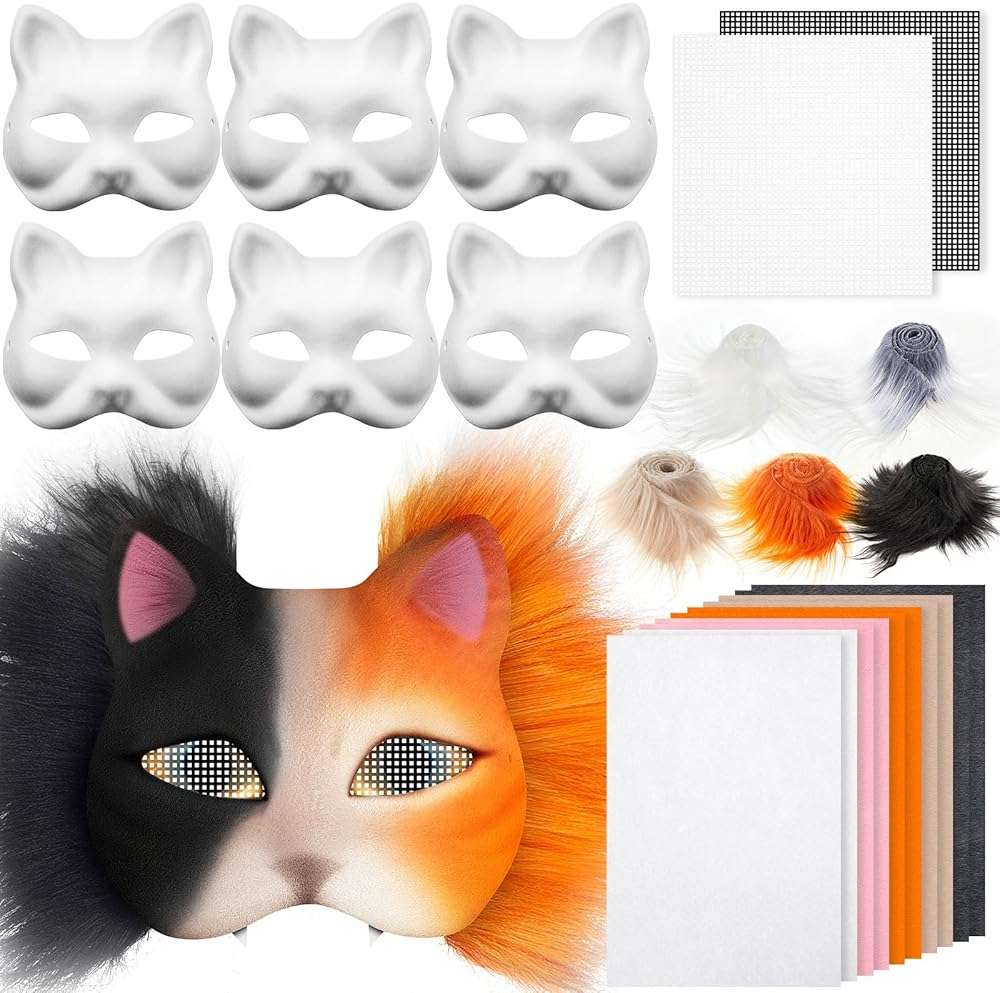 Seenelling DIY Therian Mask Kit Blank Cat Mask with Felt Fabric Sheet Plush Faux Fur Eye Mesh for Therian Gear Stuff - Image 1