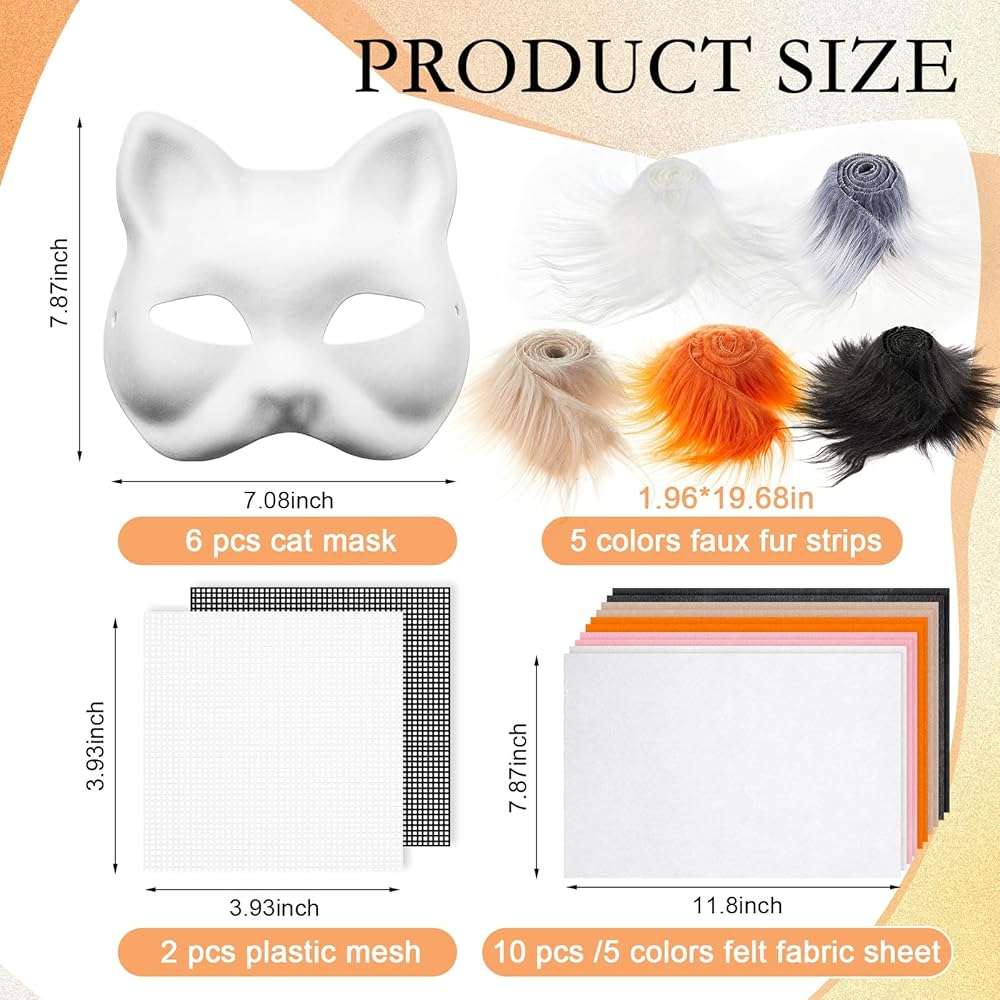 Seenelling DIY Therian Mask Kit Blank Cat Mask with Felt Fabric Sheet Plush Faux Fur Eye Mesh for Therian Gear Stuff - Image 2