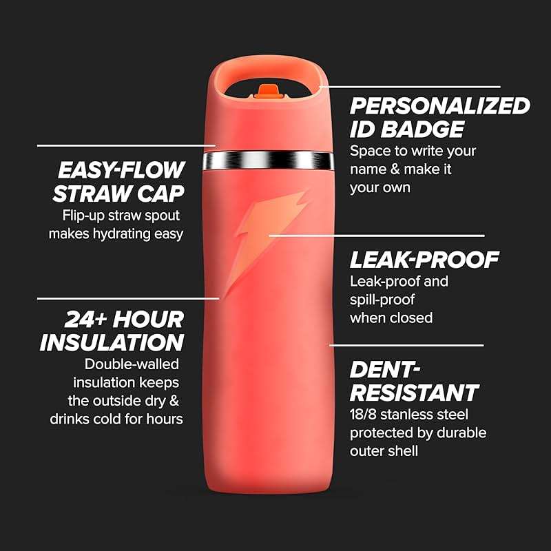 Gatorade 'Overtime' 22oz Stainless Steel Water Bottle, Straw Cap, Coral - Image 2