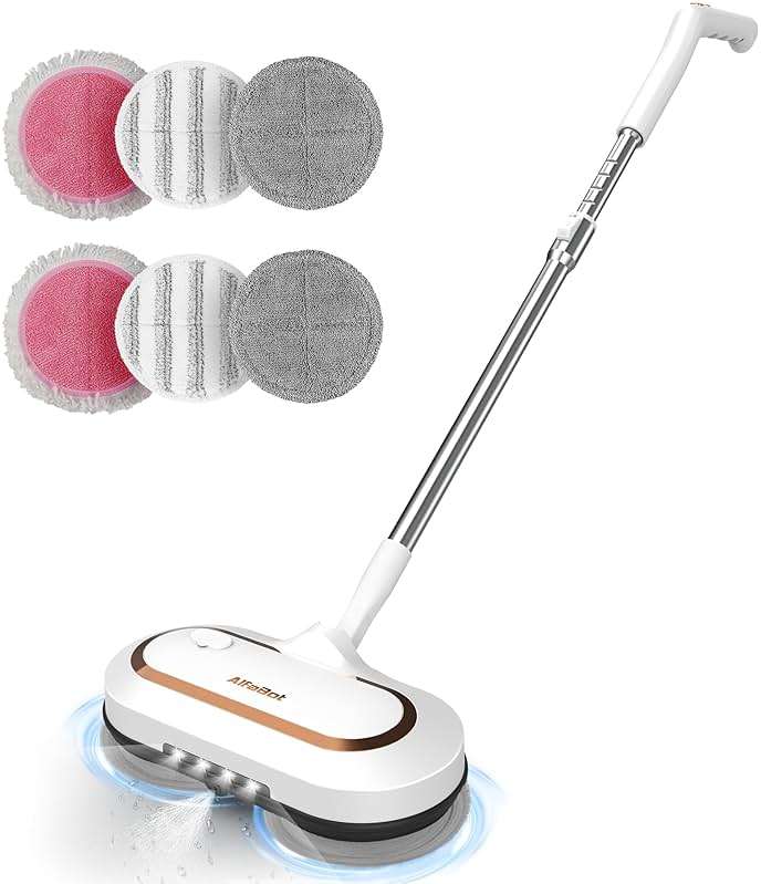 Electric Mop, AlfaBot S2 Cordless Spin Mop for Floor Cleaning, with LED Headlight and Sprayer/400ML Big Tank/60 Mins Runtime, Lightweight Floor Scrubber for Hardwood Floors, Tile, Laminate - Image 1
