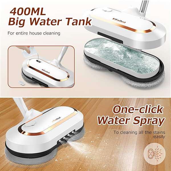 Electric Mop, AlfaBot S2 Cordless Spin Mop for Floor Cleaning, with LED Headlight and Sprayer/400ML Big Tank/60 Mins Runtime, Lightweight Floor Scrubber for Hardwood Floors, Tile, Laminate - Image 3