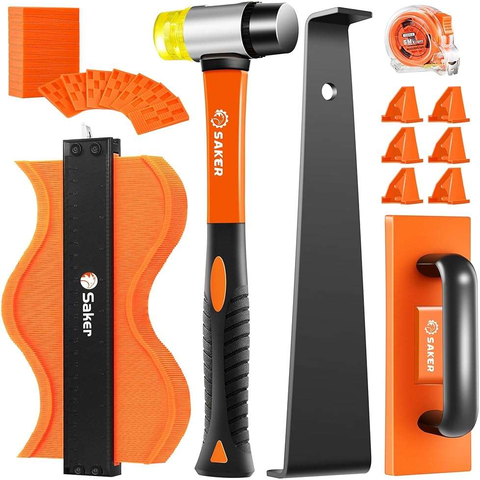 Saker Laminate Flooring Tools, 65-Piece Wood Flooring Installation Kit with 60 Flooring Spacers,Tapping Block with Handle, Pull Bar, 10”Contour Gauge, Rubber Mallet, Tape Measure - Image 1