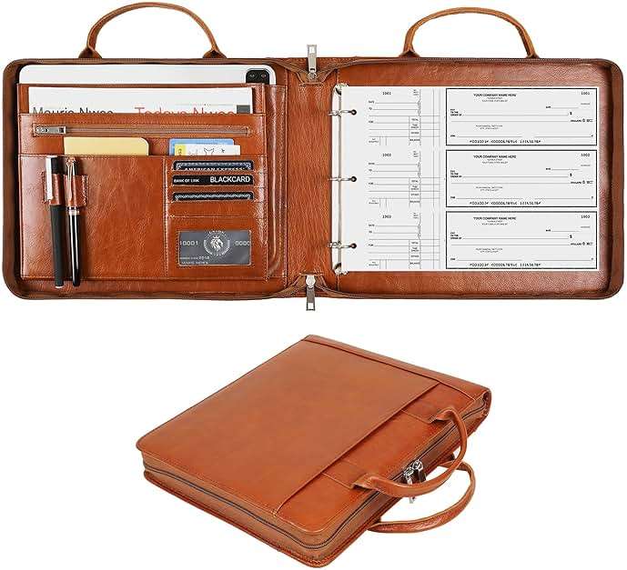 3 Ring Check Binder for 3 on a Page 9" x11 1/4" Check Holder, Zippered Business Checkbook Holder, 3 Ring Check Book Binder for Business Checks, Fit 3 & 9 Holes Check - Oil Brown - Image 1