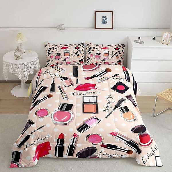 Erosebridal Fashion Comforter Set Makeup Cosmetic Theme Bedding Set Perfume Lipstick Modern Quilt Soft Microfiber Home Decor for Women Girls 1 Comforter with 2 Pillow Cases Full Size - Image 1