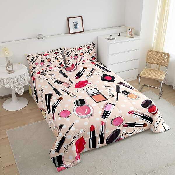 Erosebridal Fashion Comforter Set Makeup Cosmetic Theme Bedding Set Perfume Lipstick Modern Quilt Soft Microfiber Home Decor for Women Girls 1 Comforter with 2 Pillow Cases Full Size - Image 2