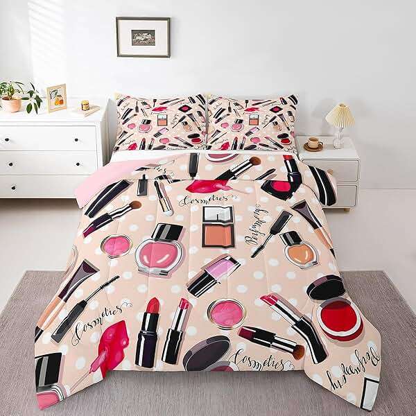 Erosebridal Fashion Comforter Set Makeup Cosmetic Theme Bedding Set Perfume Lipstick Modern Quilt Soft Microfiber Home Decor for Women Girls 1 Comforter with 2 Pillow Cases Full Size - Image 3