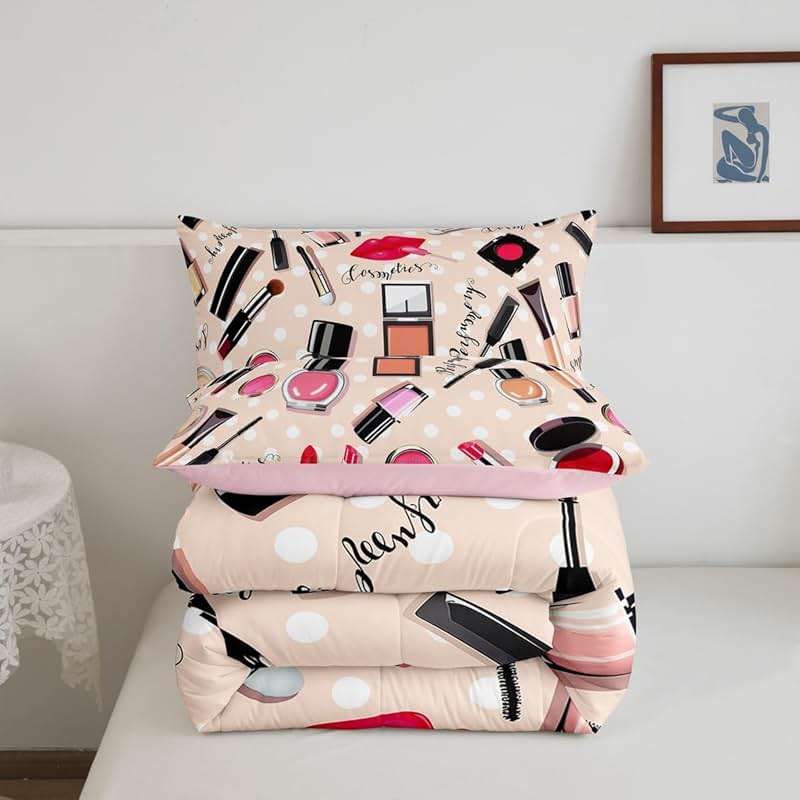 Erosebridal Fashion Comforter Set Makeup Cosmetic Theme Bedding Set Perfume Lipstick Modern Quilt Soft Microfiber Home Decor for Women Girls 1 Comforter with 2 Pillow Cases Full Size - Image 5