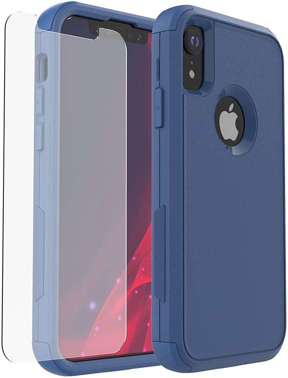 X-belmox for iPhone XR Case [Dropproof] [Shockproof] 3-Layers Heavy Duty Drop Protection Case Cover for iPhone XR 6.1 Inch with Tempered Glass Screen Protector, Blue Rugged XR Phone Case - Sea Blue - Image 1
