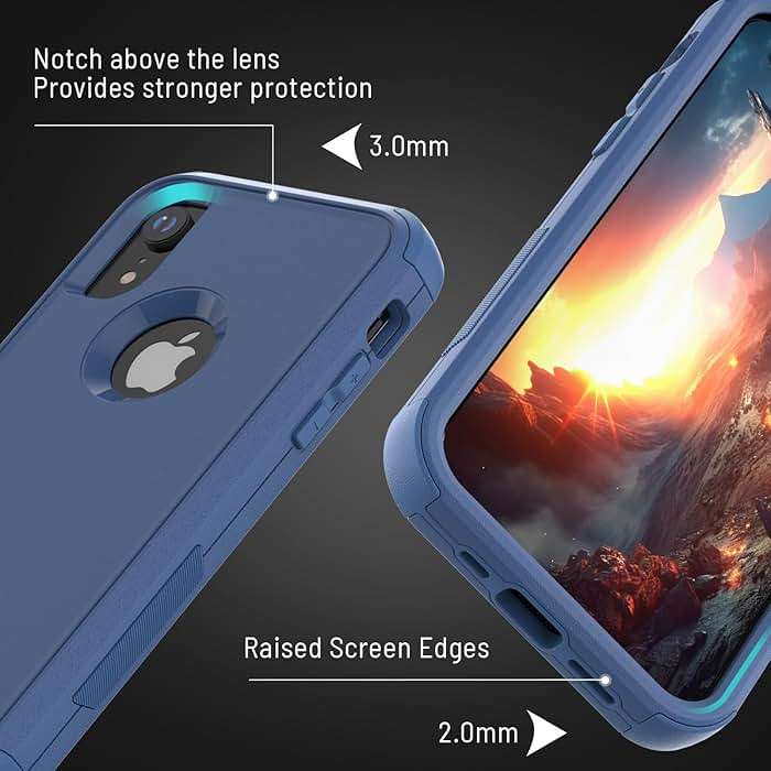 X-belmox for iPhone XR Case [Dropproof] [Shockproof] 3-Layers Heavy Duty Drop Protection Case Cover for iPhone XR 6.1 Inch with Tempered Glass Screen Protector, Blue Rugged XR Phone Case - Sea Blue - Image 4