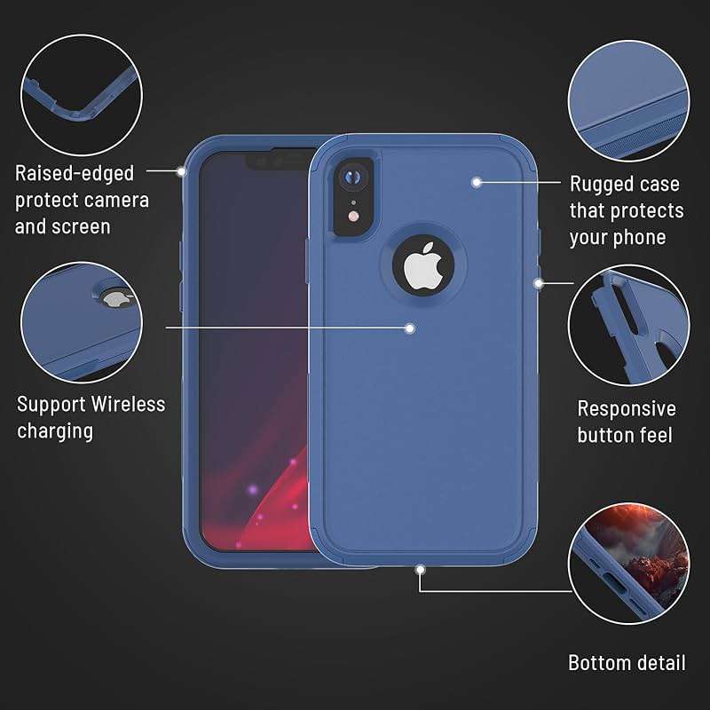 X-belmox for iPhone XR Case [Dropproof] [Shockproof] 3-Layers Heavy Duty Drop Protection Case Cover for iPhone XR 6.1 Inch with Tempered Glass Screen Protector, Blue Rugged XR Phone Case - Sea Blue - Image 6