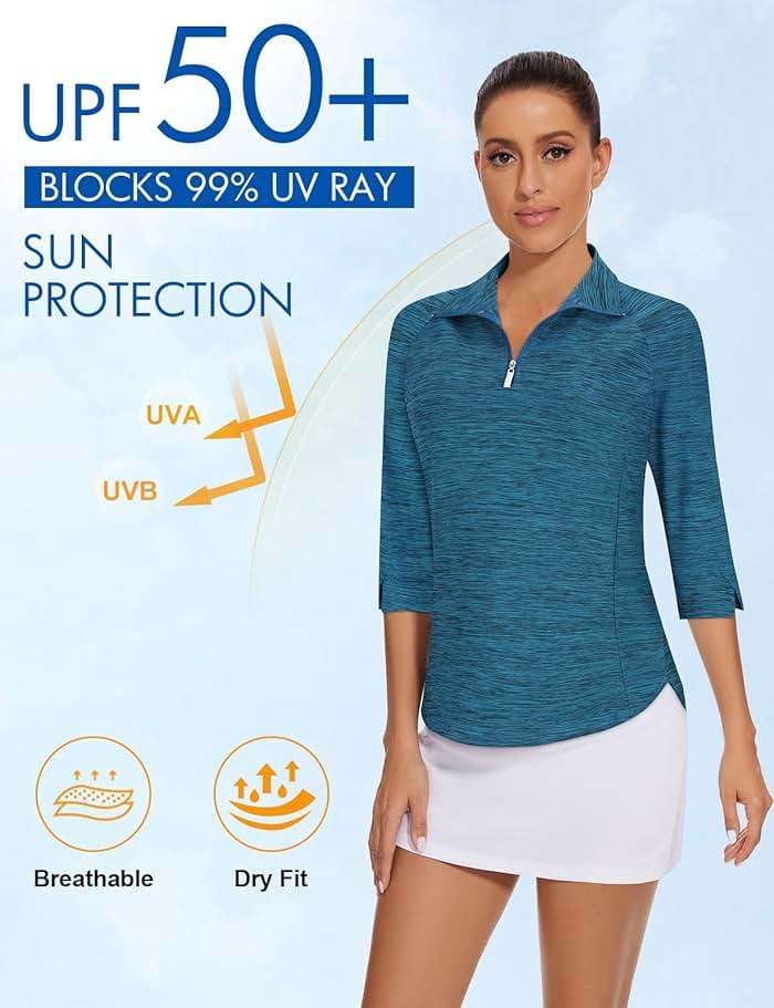 Cucuchy Style Womens Golf Shirt 3/4 Sleeve Quarter Zip Workout Tennis Tops Quick Dry UPF 50+ Shirts - Image 3