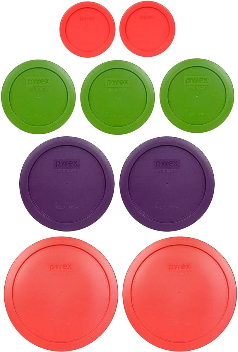 Pyrex (2) 7202-PC 1-Cup Red, (3) 7200-PC 2-Cup Lawn Green, (2) 7201-PC 4-Cup Purple, & (2) 7402-PC 6/7-Cup Red Lids - Made in USA - Image 1