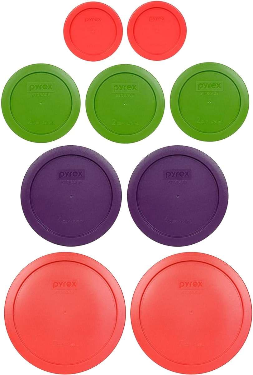 Pyrex (2) 7202-PC 1-Cup Red, (3) 7200-PC 2-Cup Lawn Green, (2) 7201-PC 4-Cup Purple, & (2) 7402-PC 6/7-Cup Red Lids - Made in USA - Image 2