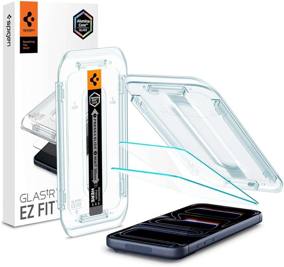Spigen AluminaCore Tempered Glass Screen Protector [Glas.tR EZ Fit] designed for iPhone 17 Pro | iPhone 17 | iPhone 16 Pro [2 Pack] 9H+ Hardness, Aluminum-Enhanced Durability | 9H Hardness Tempered Glass, Easy Installation Kit, Case-Friendly, Crystal Clear, Touch Responsive, Oleophobic Coating - Image 1