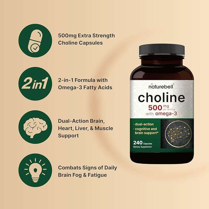 NatureBell Choline 500 mg with Omega-3 Fatty Acids, 240 Capsules | Extra Strength 2-in-1 Choline Bitartrate Formula | Non-GMO - Image 3