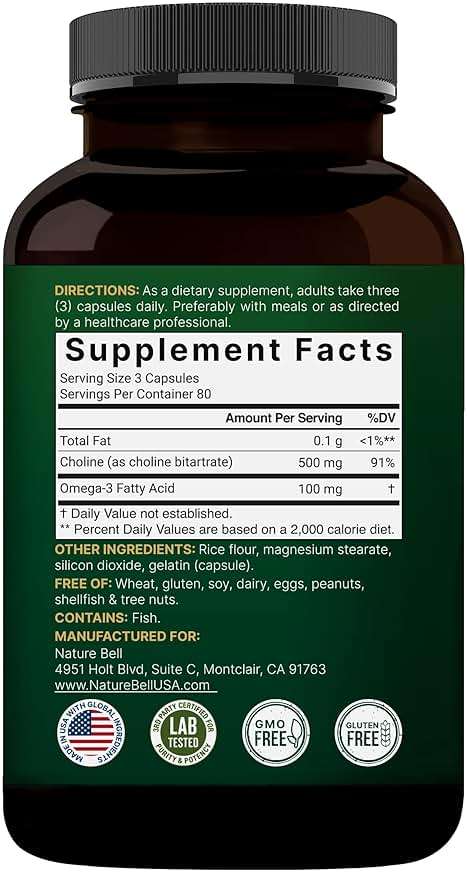 NatureBell Choline 500 mg with Omega-3 Fatty Acids, 240 Capsules | Extra Strength 2-in-1 Choline Bitartrate Formula | Non-GMO - Image 7