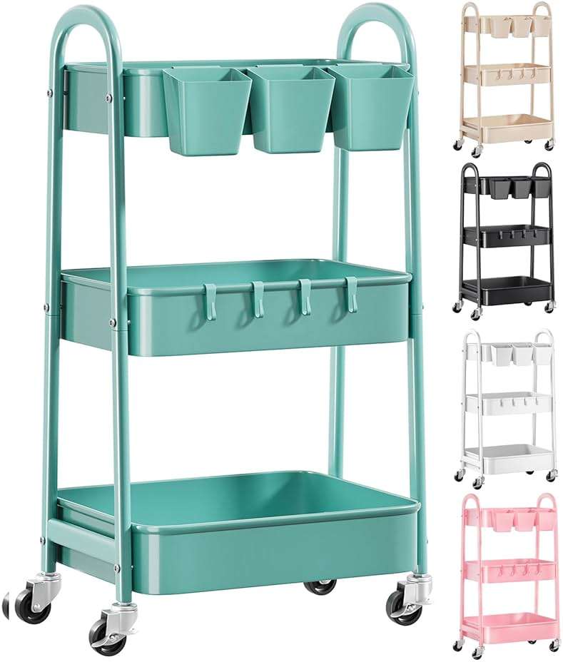 3 Tier Green Metal Rolling Cart with Lockable Wheels and Handle, 3 Tiered Utility Storage Organizer Carts for Teachers, Arts, Craft, Snack, Book, Bedside, Nursery, Cleaning Supplies, Easy Assembly - Image 1