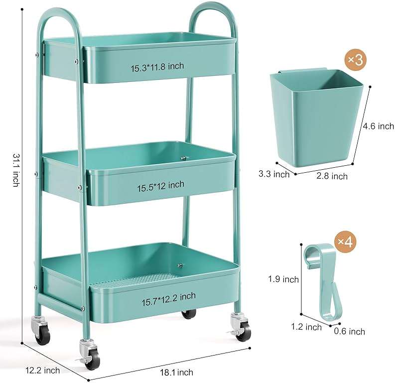 3 Tier Green Metal Rolling Cart with Lockable Wheels and Handle, 3 Tiered Utility Storage Organizer Carts for Teachers, Arts, Craft, Snack, Book, Bedside, Nursery, Cleaning Supplies, Easy Assembly - Image 3