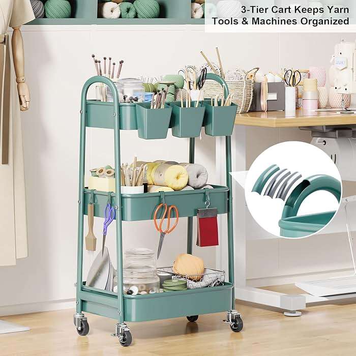 3 Tier Green Metal Rolling Cart with Lockable Wheels and Handle, 3 Tiered Utility Storage Organizer Carts for Teachers, Arts, Craft, Snack, Book, Bedside, Nursery, Cleaning Supplies, Easy Assembly - Image 4