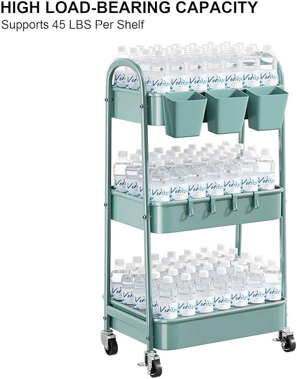 3 Tier Green Metal Rolling Cart with Lockable Wheels and Handle, 3 Tiered Utility Storage Organizer Carts for Teachers, Arts, Craft, Snack, Book, Bedside, Nursery, Cleaning Supplies, Easy Assembly - Image 9