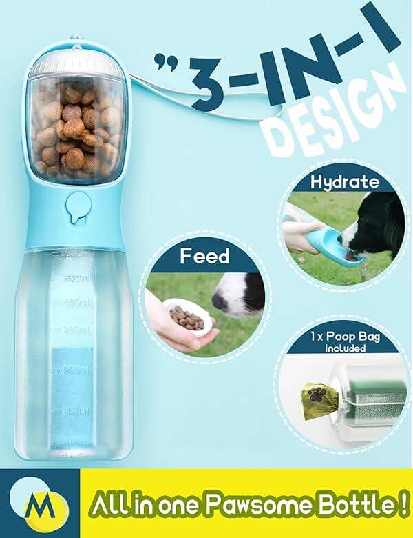 MoonyMars Portable Water Bottle for Dogs, 3 in 1 Pet Travel Bowl Dispenser with Food Treat Container & Poop Bag Holder, Summer Outdoor Walking Hiking Accessories for Large Dog On The Go - Blue, 20oz - Image 2
