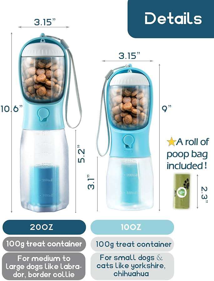 MoonyMars Portable Water Bottle for Dogs, 3 in 1 Pet Travel Bowl Dispenser with Food Treat Container & Poop Bag Holder, Summer Outdoor Walking Hiking Accessories for Large Dog On The Go - Blue, 20oz - Image 7
