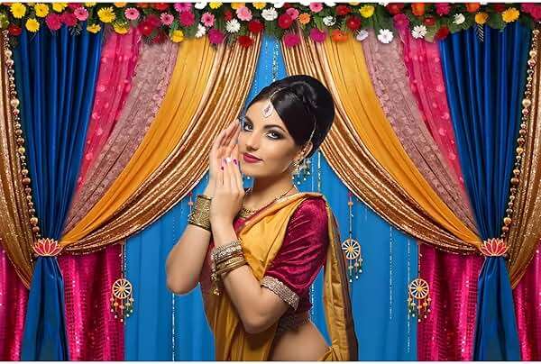 CSFOTO 7x5ft Indian Traditional Backdrop Colored Curtains Marigold Photography Background Indian Hindu Wedding Banner Happy Holi Diwali Pooja Party Decorations Photo Props - Image 4
