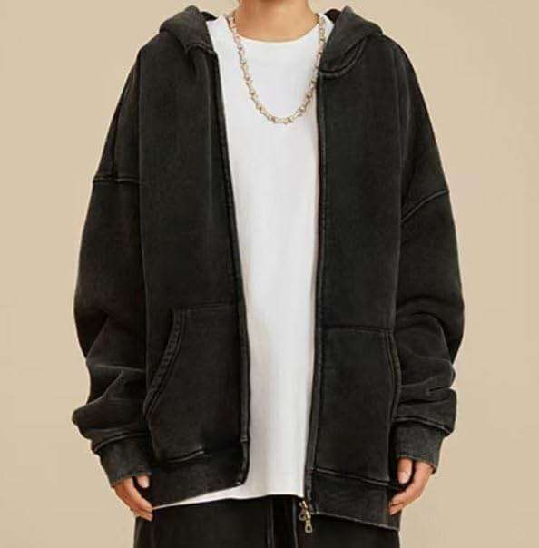Dynict Men's Zip-Up Hoodies Solid Hip-Hop Y2K Oversize Wash Old Craft Basic Hoodies Heavyweight Casual Fit Sweatshirt - Image 4