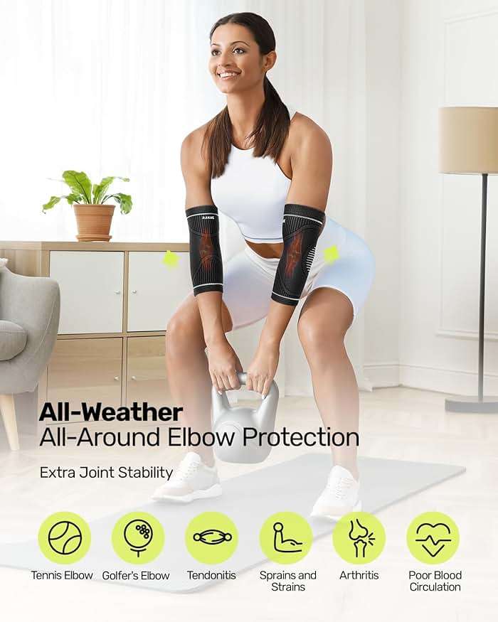 Rakiie Elbow Compression Sleeve 2 Pack, High Elastic Elbow Brace for Tendonitis and Tennis Elbow for Women & Men, Elbow Sleeve for Tennis, Golfer, Badminton, Weightlifting, Grey M - Image 4