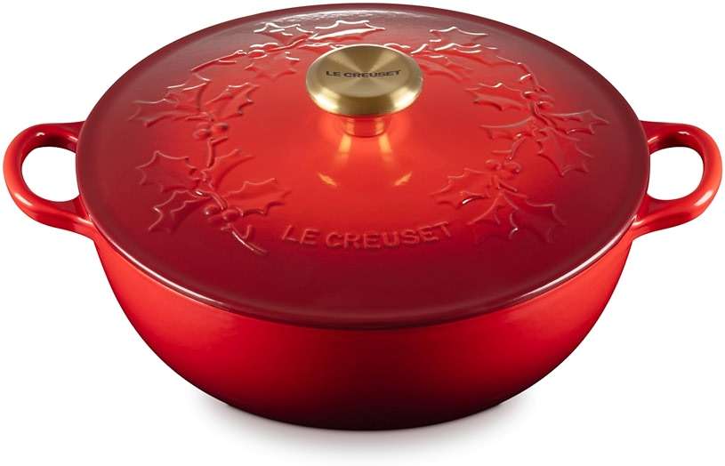 Le Creuset Enameled Cast Iron Holly Collection Soup Pot, 4.5 qt., Cerise with Gold Knob - Image 1