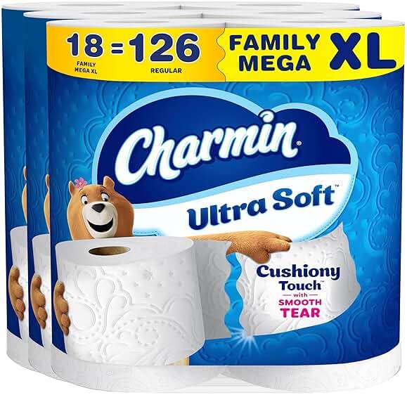 Charmin Ultra Soft Cushiony Touch Toilet Paper, 18 Family Mega XL = 126 Regular Rolls, 2-Ply, White - Image 1