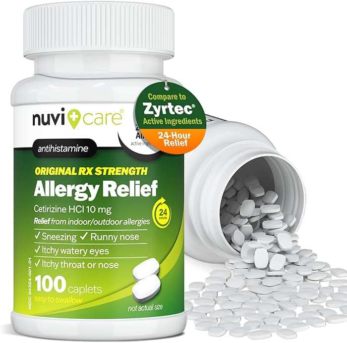 Nuvicare 24-Hour Allergy Medicine - Cetirizine Hydrochloride 10mg Tablets - Compare to the Active Ingredient in Zyrtec Antihistamine Meds - Generic Allergy Pills for All Day Allergy Relief (100 Count) - Image 2