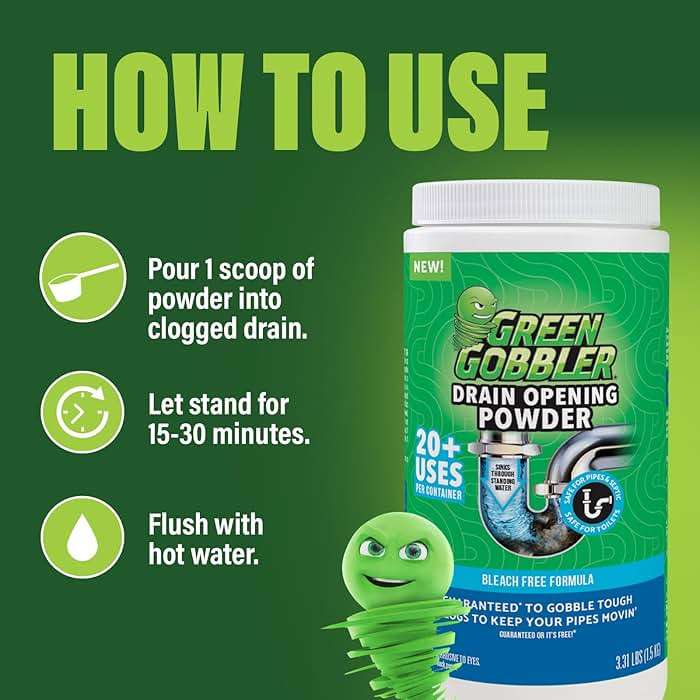 Green Gobbler Drain Clog Remover & Drain Cleaner Powder, 20+ Treatments, Maintenance Breaks Down Grease, Paper, Fat & Oil, Septic Safe - Image 3
