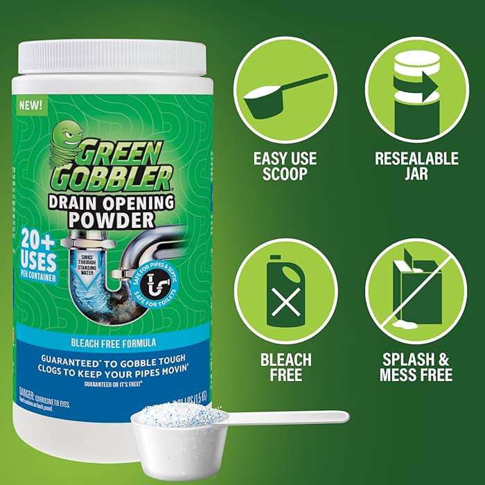 Green Gobbler Drain Clog Remover & Drain Cleaner Powder, 20+ Treatments, Maintenance Breaks Down Grease, Paper, Fat & Oil, Septic Safe - Image 4