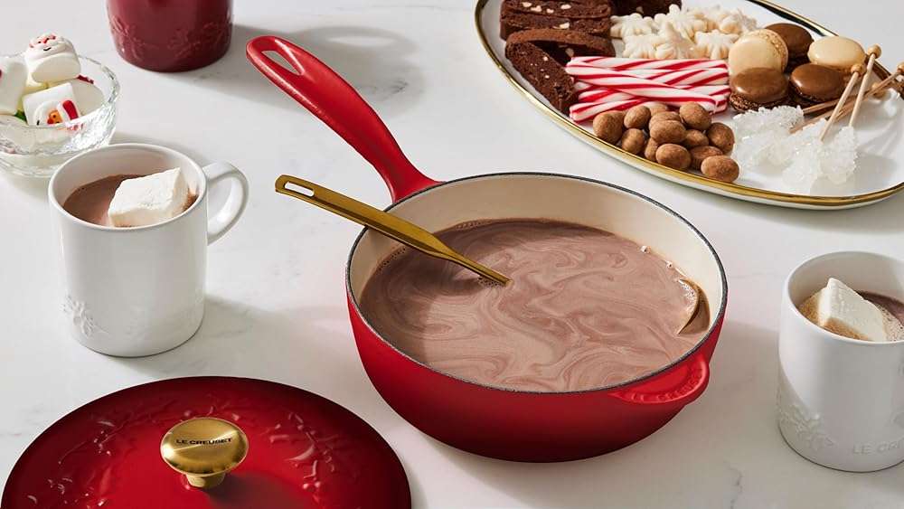 Le Creuset Enameled Cast Iron Holly Collection Saucier, 2.25 qt., Cerise with Gold Knob - Image 2