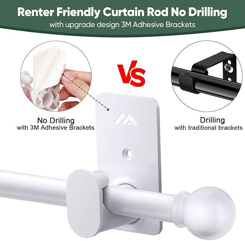 ZNONOX Curtain Rods No Drilling for Windows 30 to 45 Inches,5/8 Inch Diameter No Drill Curtain Rod Set with 3M Adhesive Brackets, White - Image 3