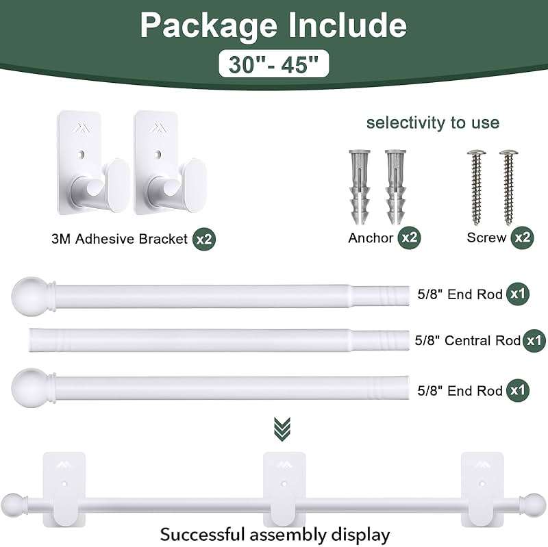 ZNONOX Curtain Rods No Drilling for Windows 30 to 45 Inches,5/8 Inch Diameter No Drill Curtain Rod Set with 3M Adhesive Brackets, White - Image 5
