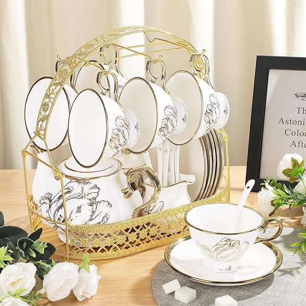 fanquare British Porcelain Tea Coffee Set 22 Piece New Bone China Gold Tulip Tea Service for Afternoon Tea, 6 TeaCup and Saucers with Metal Holder for Home Wedding Birthday - Image 2